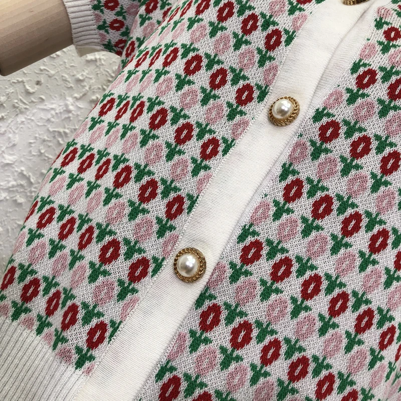 

Summer Sweet Print Knitted Cardigan Single New Simple Breasted Short Sleeve Tops Sweater 2021 Fresh All Match Knit T-shirt