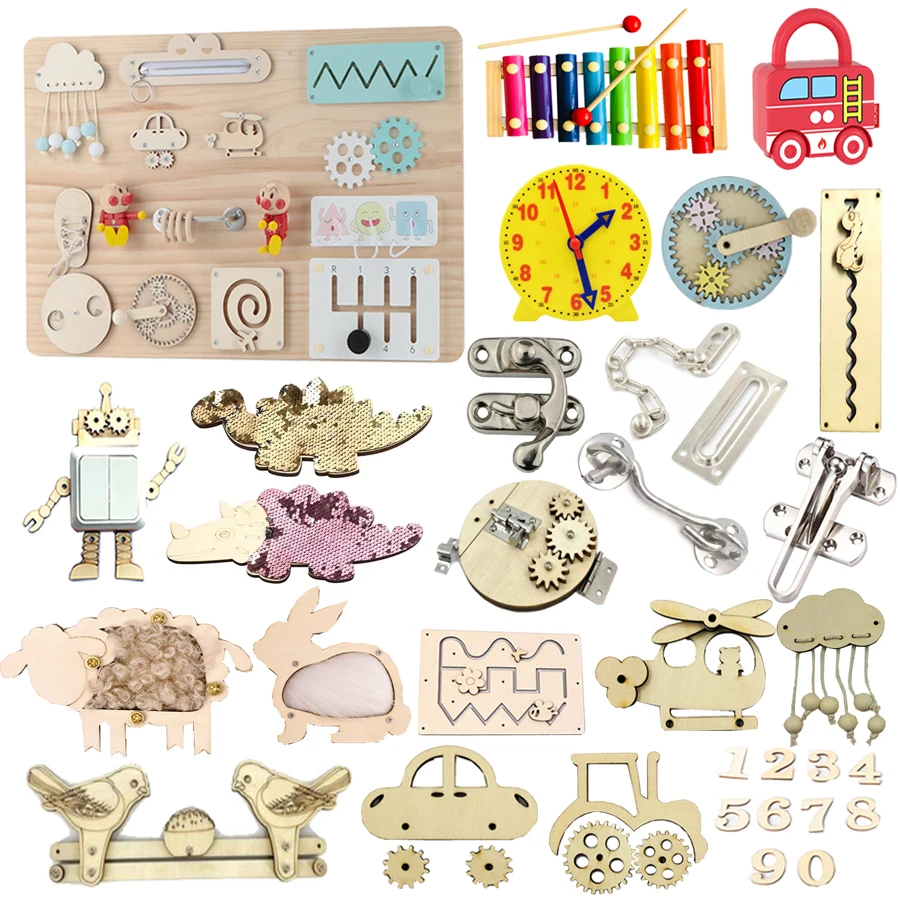 Children Busy Board Kids Montessori Hand Crank Gear DIY Accessories Material Early Childhood Education Wood Skill Learning Toys