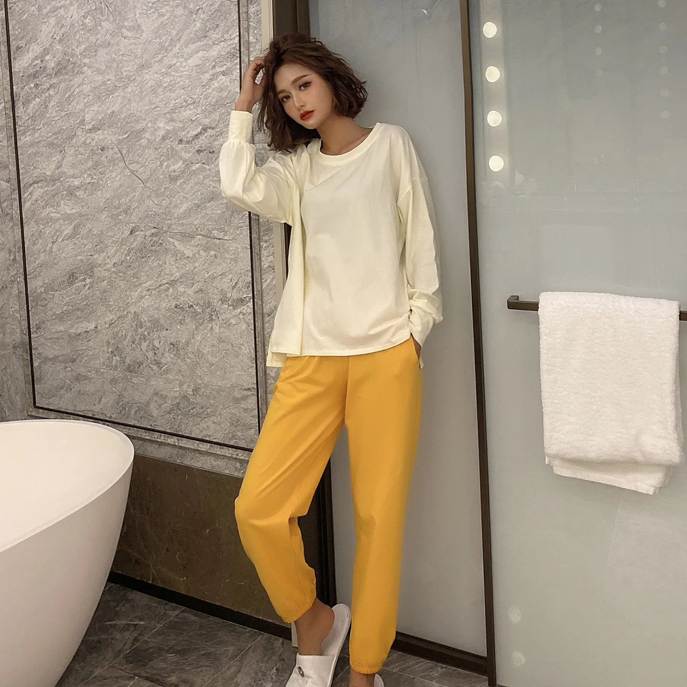 

2021 Spring New Products Women's Pajamas Set Pure Cotton Pure Color Breathable Girl Homewear