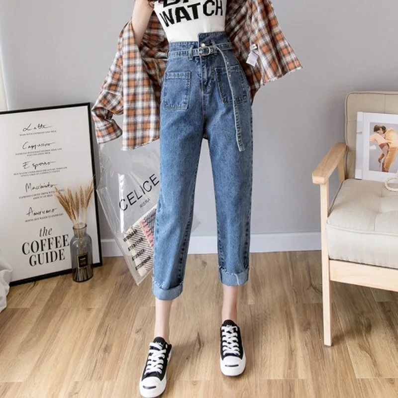 

2021 Women Loose High Waist Straight Harem Jeans Fashion Ladies Cotton Ankle-Length Denim Wide Leg Length Pants Jeansy Trousers