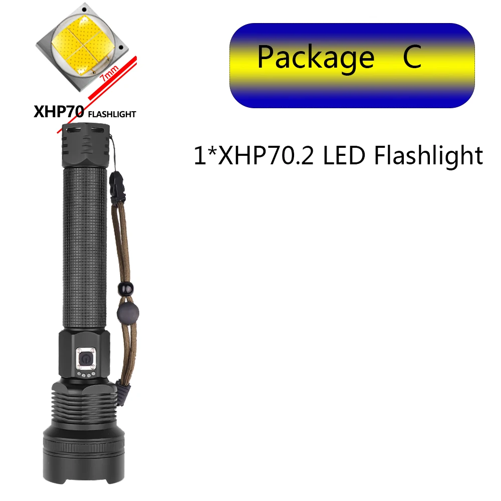 Package C Самый мощный светодиодный светильник XHP70 с подзарядкой от USB, фонарь с зумом XHP50, ручная лампа 26650, 18650, светильник с батареей - Испускаемый цвет: Package C