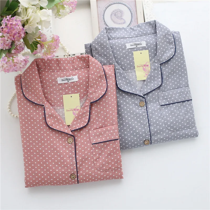 

Japanese New Spring and Autumn Ladies Pajamas Suit Cotton Double-layer Gauze Long-sleeved Dot Cardigan Summer Home Service Women