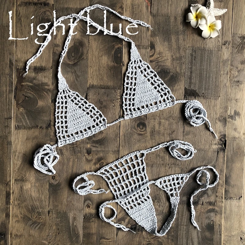 Light Blue Ручная работа, вязанное крючком микро бикини, стринги, пляжные микро купальники, сексуальное нижнее белье, наборы, горячая Распродажа - Цвет: Light Blue