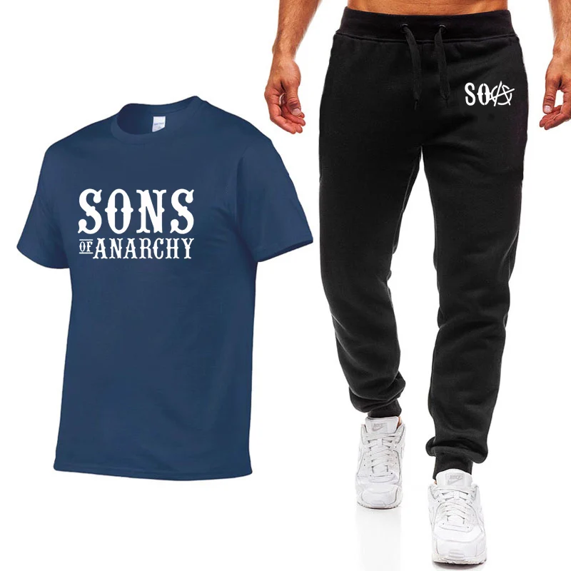 

Hot TV SOA Sons of Anarchy Costume Mens T-shirt Skull Print high quality Cotton Short sleeve T Shirts+pants suit