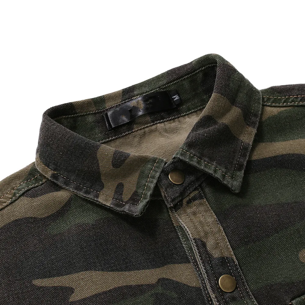 Fashion New men's camouflage denim shirt army green long-sleeved loose jean shirt men's casual outdoor top
