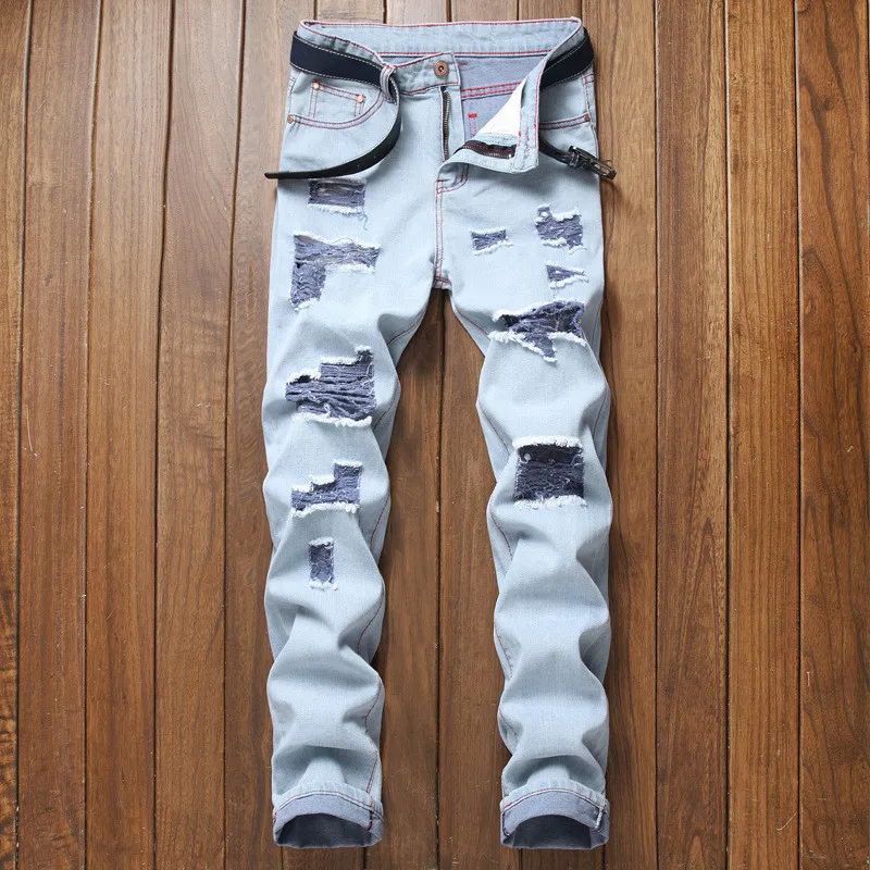 

MORUANCLE мужские рваные джинсы, в уличном стиле рваные джинсовые штаны с дырками равные Джинсы Брюки, уличная одежда