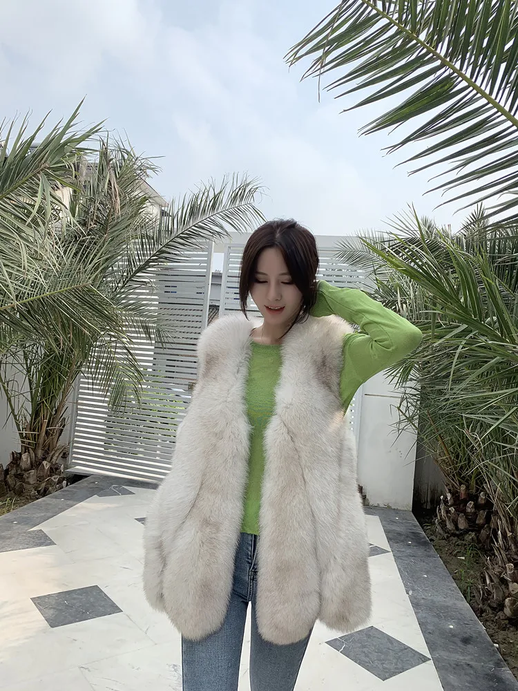 Real Fur Vest Women Winter Thick Warm Fashion Long Natural Fox Fur Vests Sleeveless Jacket Coats Female Ladies Waistcoat Veste