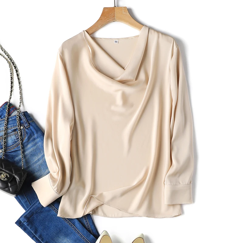 

SuyaDream Woman Solid Blouses Silk Satin Long Sleeves Draped Collar Chic Blouse Shirts 2021 Spring Fall Blouse