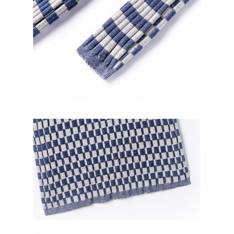 

Autumn Winter 2021 New Plaid Slim Knitted Women Dress Turn Down Collar Long Sleeve High Waist Slim Long Dress Chic A Line Dress