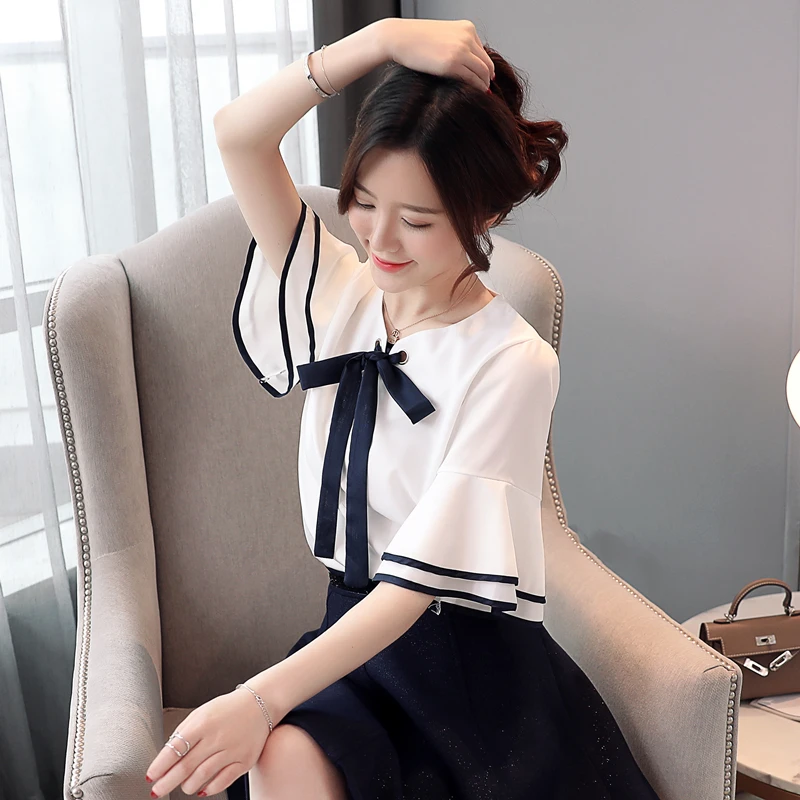 повседневные женские асимметричные блузки черно белые топы Блуза с галстуком