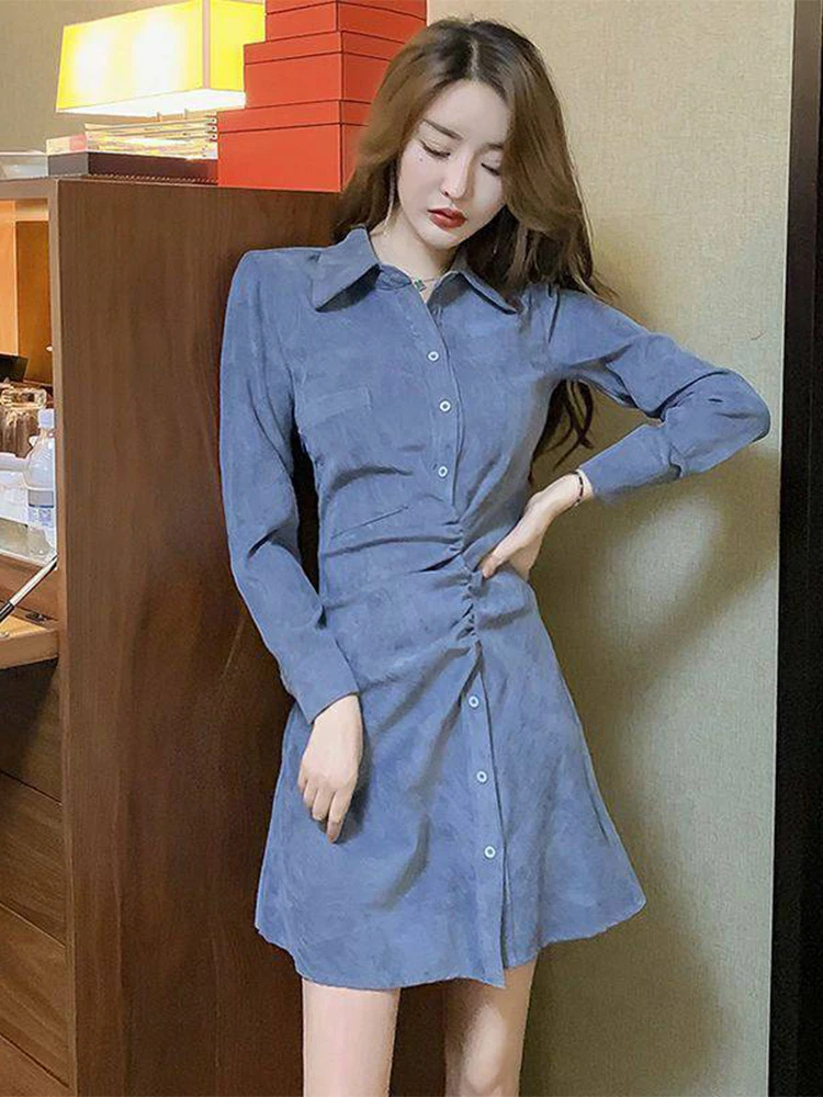 

Women's Spring Autumn Style Dress Women's Vintage Solid Color Button Turn-Down Collar Long Sleeve Korean Elegant Dress SS3781