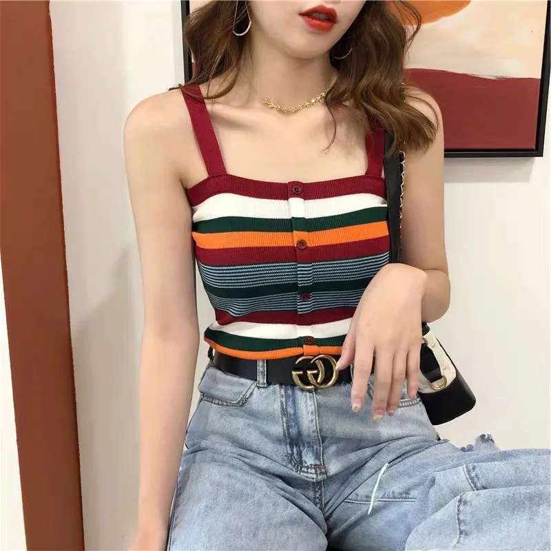 

Sexy Knitted Tanktop Female Outer Wear Vest Sleeveless Inner Priming Coat Polyester Broadcloth Camis Short Striped Casual Crop