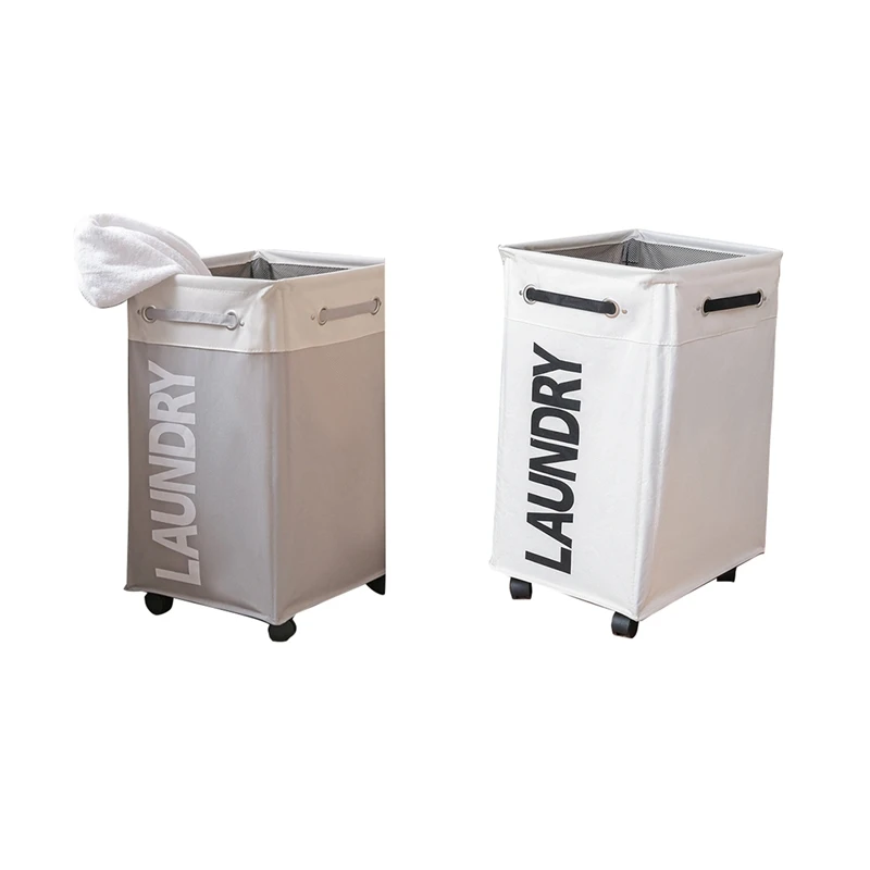

2 Pcs Dirty Clothes Foldable Storage Basket with Wheel for Office Waterproof Oxford Bathroom, Light Gray & White