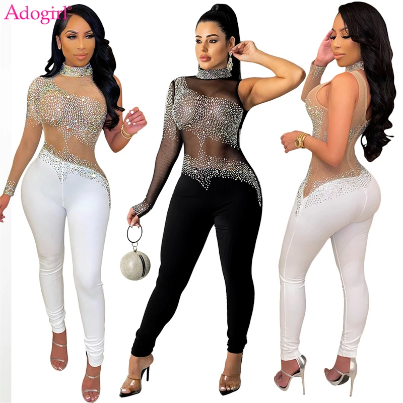Adogirl Rinestone Diamonds Sheer Mesh Patchwork Jumpsuit Women Sexy Mock Neck Long Sleeve Skinny Overalls Night Club Outfits