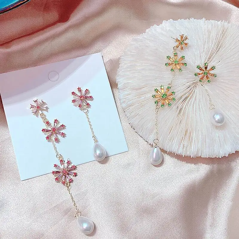 

Shinning Crystal Flower Pearl Long Earrings For Women 2020 New Fashion Jewelry Sweet Pendientes Gifts Pink Champagne Colors