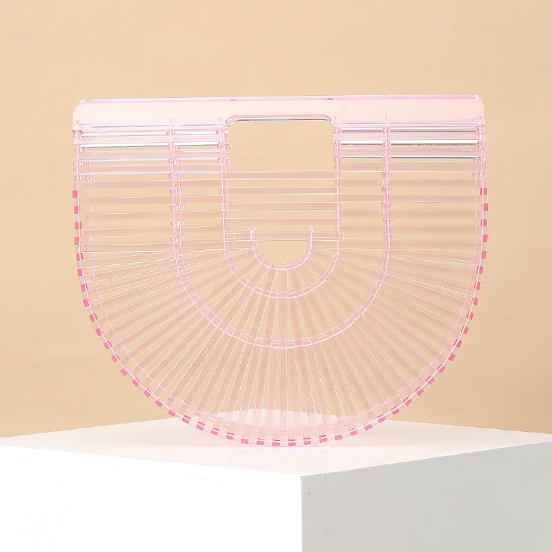 clear pink Стильная акриловая корзинка, женская сумка, фирменный дизайн, Half Moon HollowOut, летние пляжные сумки, тканая сумка на плечо, повседневная трикотажная сумка - Цвет: clear pink