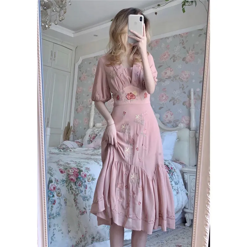 

Dresses for Women Cheongsam Dress Half Puff Sleeve V-neck Elegant Embroidery Vestidos Floal Print For Parties