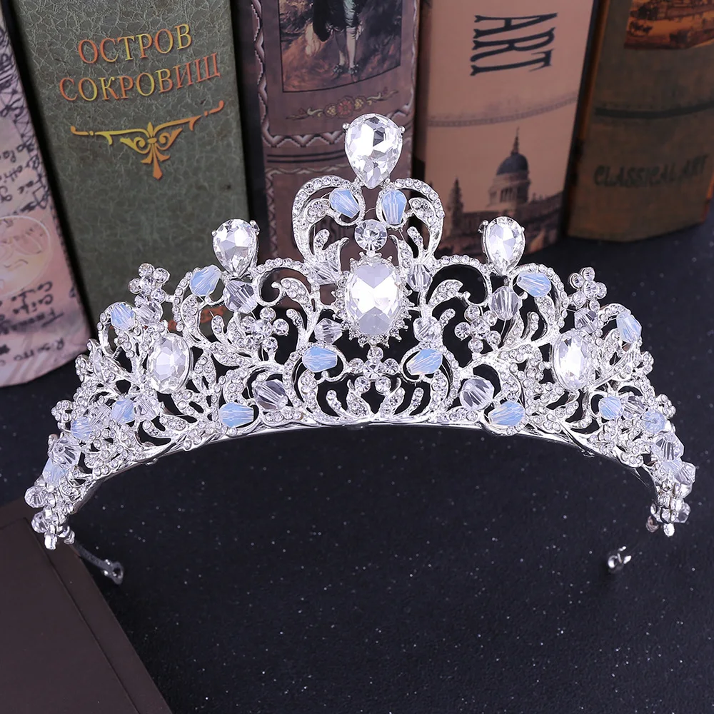 Silver Beads Роскошная свадебная корона в стиле барокко с розовыми кристаллами и листьями, королевская тиара, Корона невесты, повязка на голову, свадебные аксессуары, диадема, свадебное украшение для волос - Окраска металла: Silver Beads