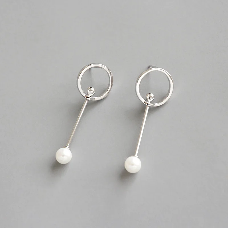 

100% S925 sterling Silver Round Circle Shell Pearl Women ear long Square bar Drop Earrings Pierced ear Jewelry Sliver Girl Gift