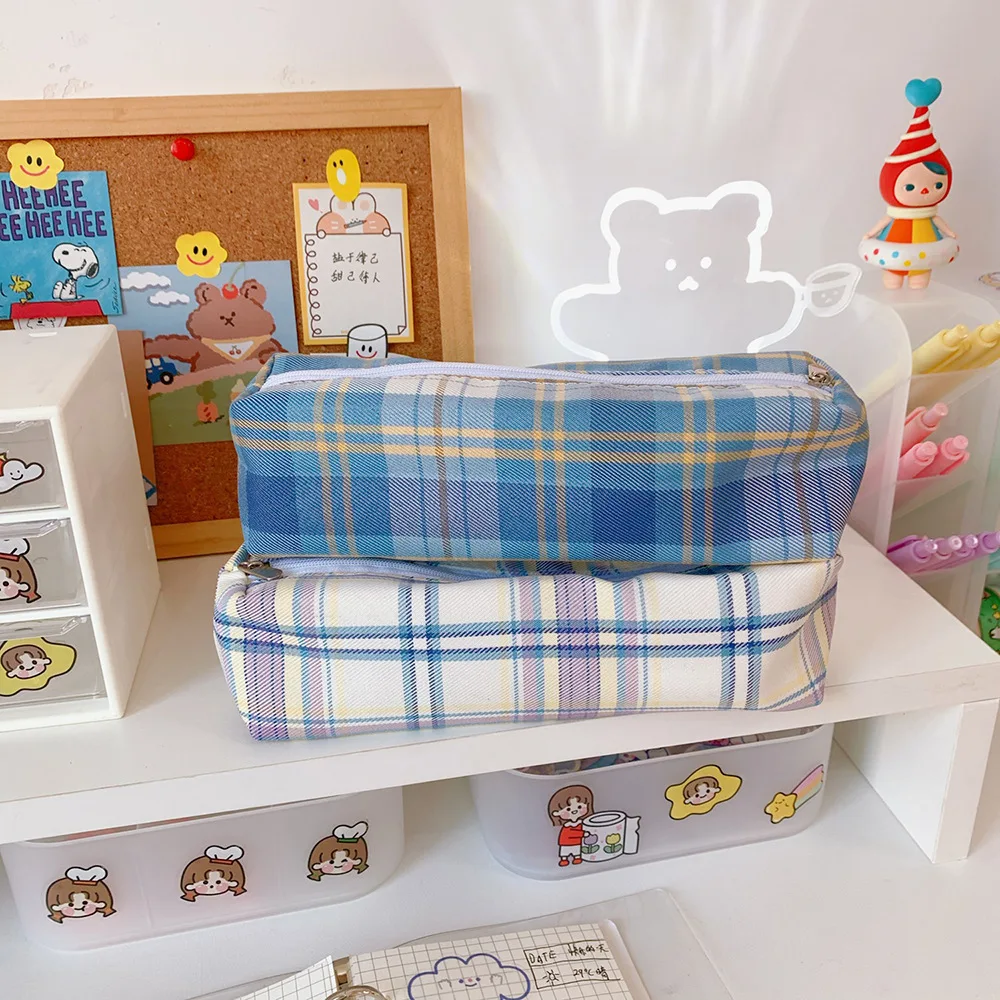 

Ins Pencil Case Girls Korean Large-capacity Cute Plaid Pencil Case Box School Teenagers Multifunctional Kawaii Stationery Bag