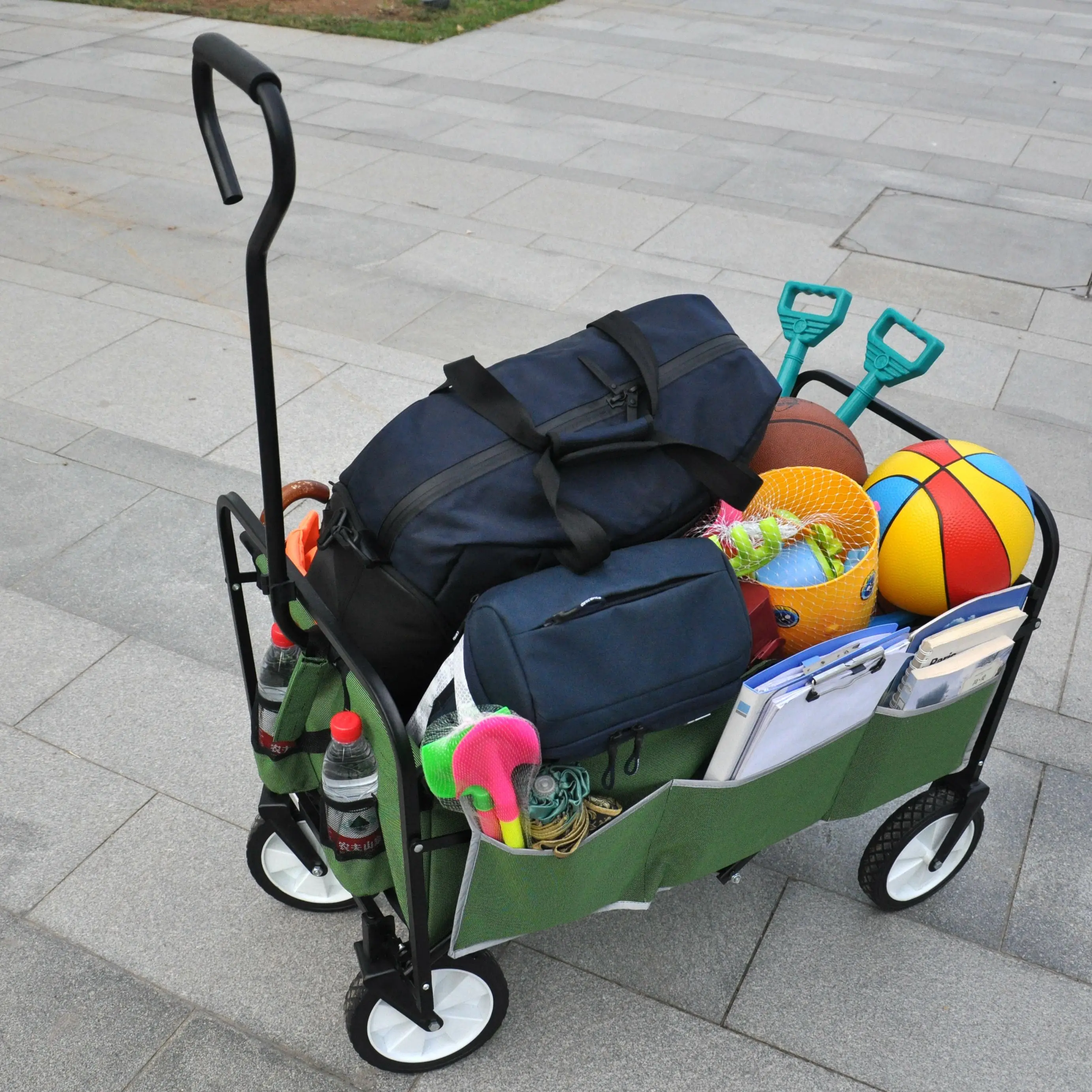 

Folding Wagon Cart With Brake Free Standing Collapsible Utility Camping Grocery Canvas Rolling Buggies Outdoor Garden