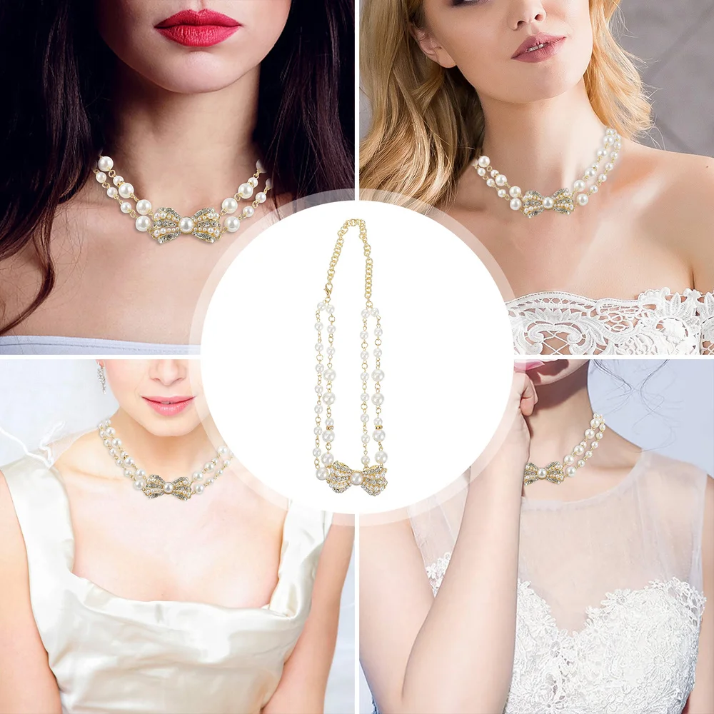 

Artificial Pearl Necklace Elegant Bow Collar Retro Choker Neck Matching Jewelry