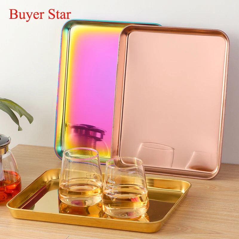 

Gold tray Stainless steel serving trays decorative Metal food for restaurant dining Party dessert plate silver kitchen tableware