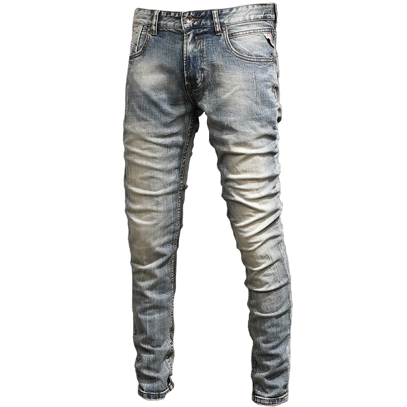 Autumn New Men's Vintage Jeans Slim Fit Straight Pants Distressed Cotton Denim Trousers