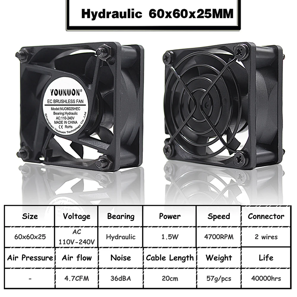Fluid 60x60x25MM YOUNUON 60 мм, 80 мм, 90 мм 120 мм EC бесщеточный вентилятор AC 110V 115V 120V 220V 240V осевой вентилятор с Srews/гриль 6025 8025 9225 12025 12038 - Цвет лезвия: Fluid 60x60x25MM