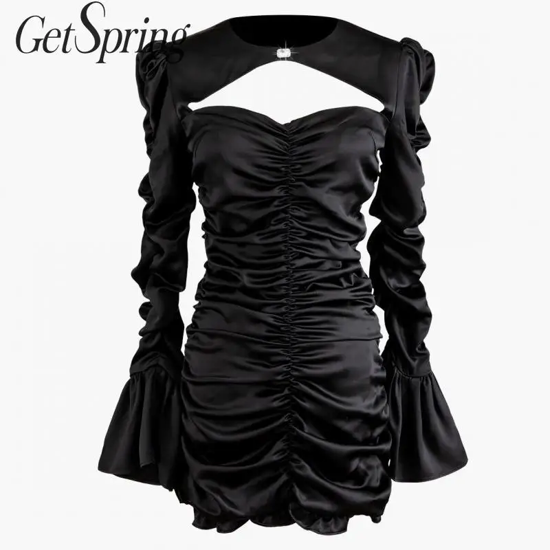 Женское винтажное платье Getspring черное с рукавами фонариками и бриллиантами