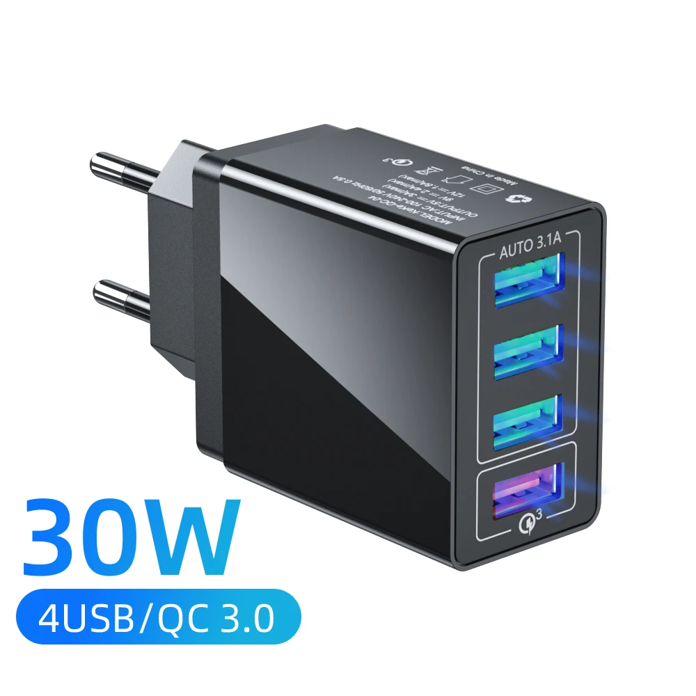 

Quick Charge 3.0 30W Wall USB Mobile Phone Charger For iPhone 12 11 Xiaomi Samsung QC3.0 Fast Charging 4 Ports USB Phone Adapter