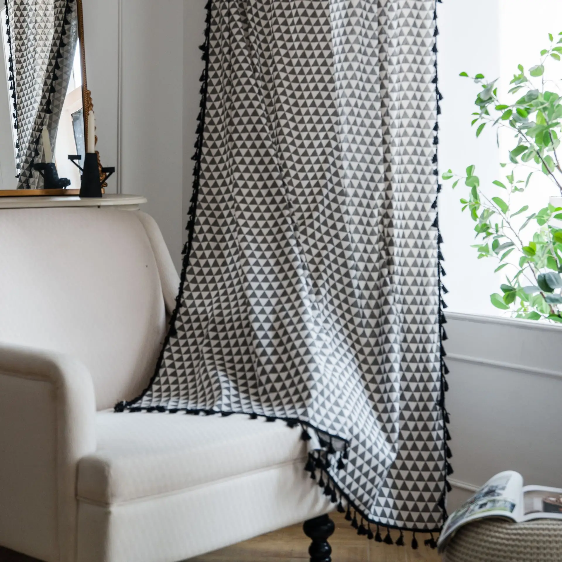 

Luxury Gray Triangle Printing Curtains American Cotton-Linen Country Curtain Semi-shading Bay Window Kitchen Living Room