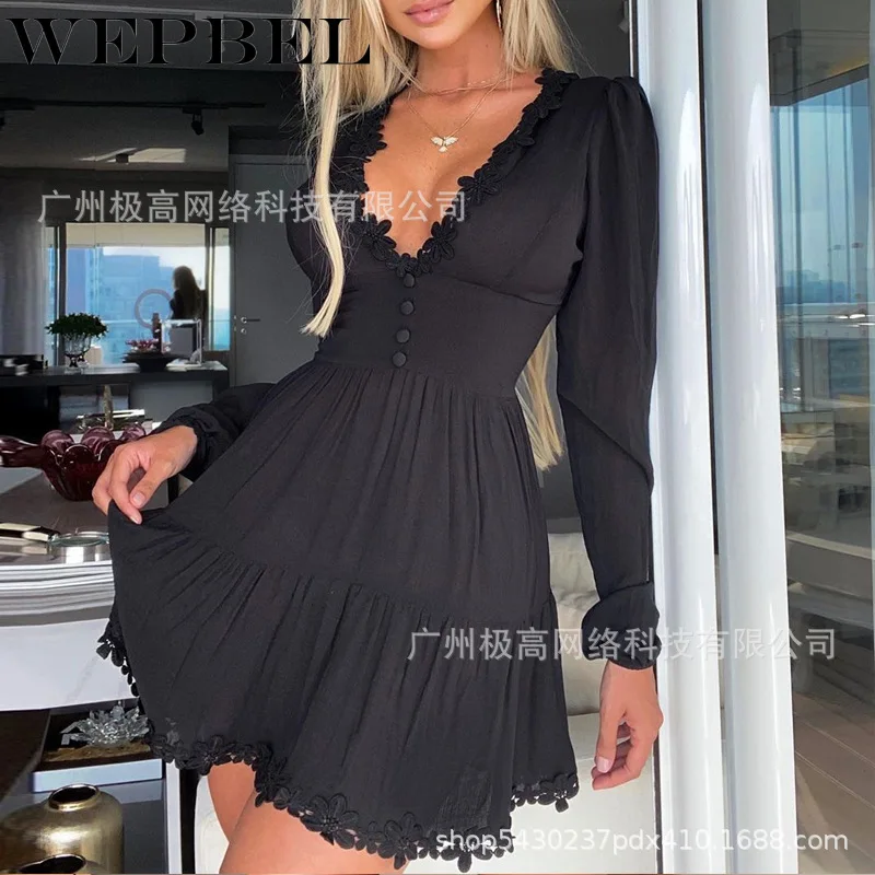 

WEPBEL осеннее модное платье с длинным рукавом и v-образным вырезом, приталенное платье с высокой талией, женское однотонное кружевное плиссир...