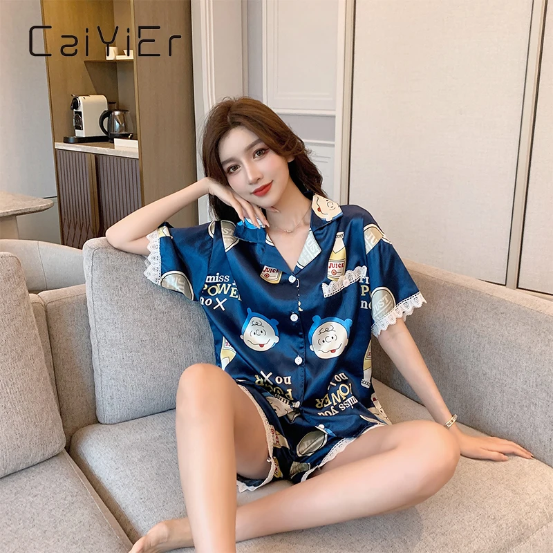 Новая летняя женская пижама CAIYIER пикантная Шелковая с мультяшным принтом ночная