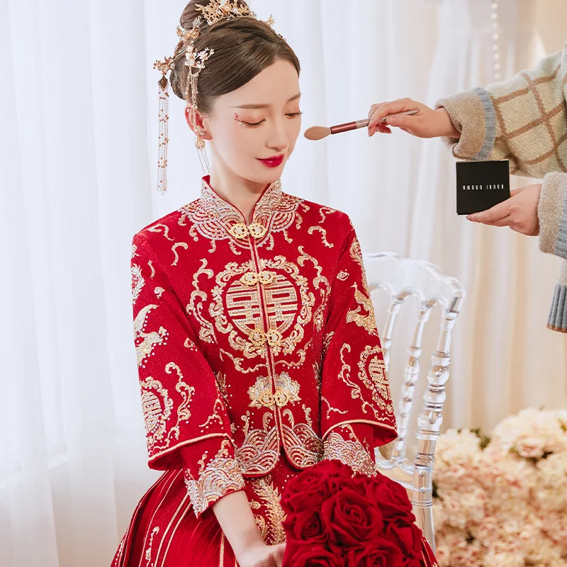Women Banquet Stylish Elegant Bride Dress Chinese Traditional Wedding Embroidery Cheongsam Dress китайская одежда