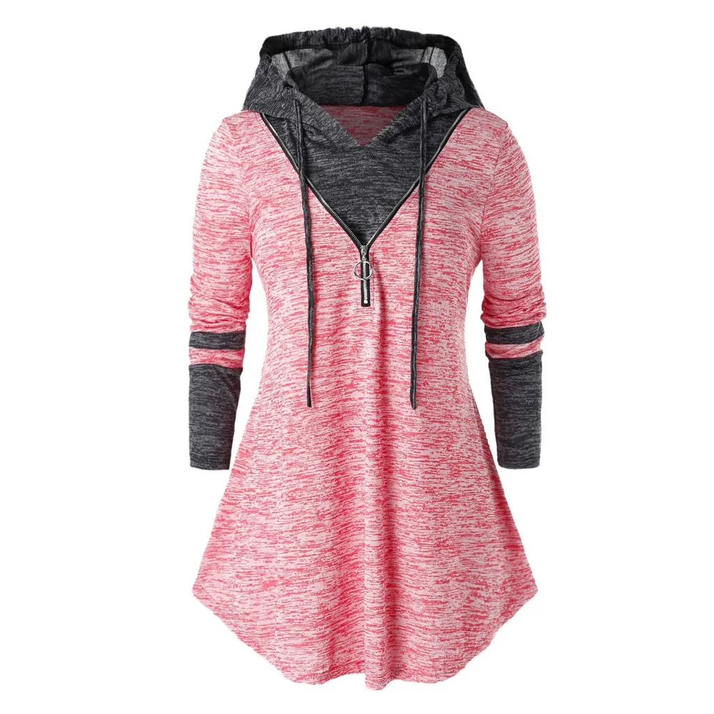 Pink Женская футболка, топы, повседневные, размера плюс, с длинным рукавом, с капюшоном, туника, топы, футболка, на молнии, пуловеры, Camisetas De Mujer - Цвет: Pink
