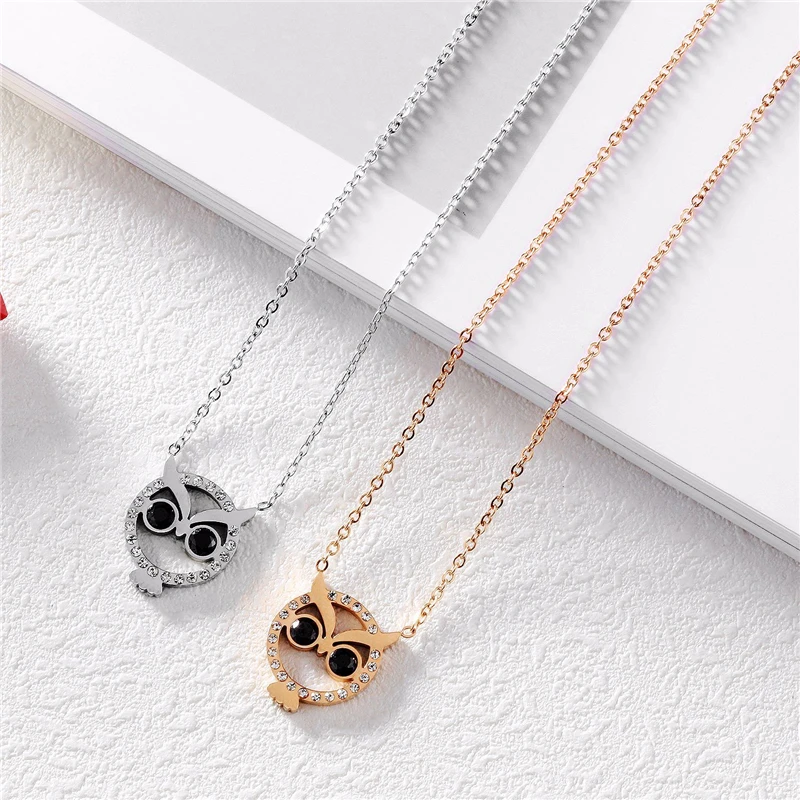 

2021 Trend Female Length 480mm Fashion Titanium Steel Necklaces For Women Rose Gold The Owl Inlay Zircon Cute Jewelry TX1323