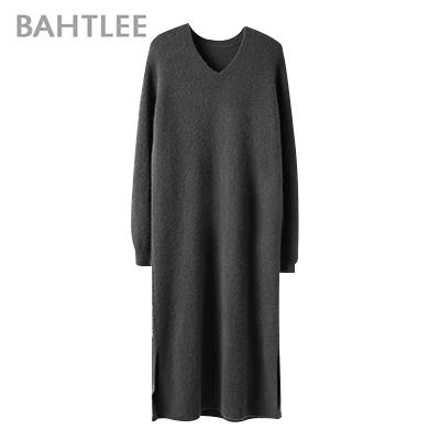 Black BAHTLEE Женский бархатный длинный пуловер из яка, свитер на осень и зиму, шерстяной вязаный джемпер с длинными рукавами и v-образным вырезом, свободный стиль - Цвет: Black
