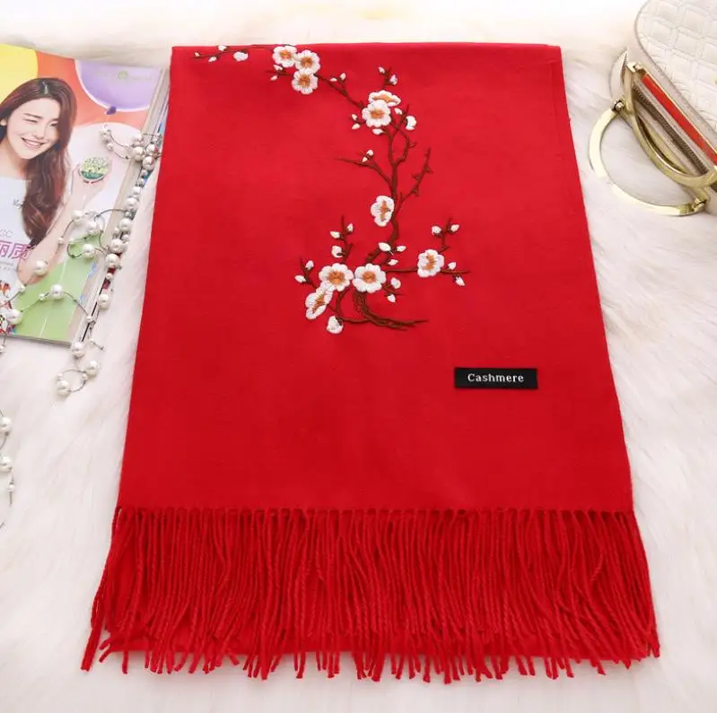 Женские длинные шарфы теплые кашемировые с вышивкой в виде цветов сливы на зиму и