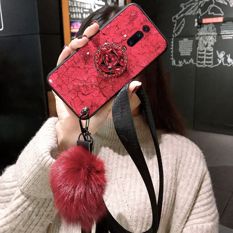 Red Для Xiaomi mi 9T 9 CC9 CC9E A3 8 Lite 6X A2 5X A1 Примечание 10 3 Red mi K20 Pro mi x 2 Макс 3 чехол Крышка с блестками юбка-баллон из плюша ручной ремешок - Цвет: Red