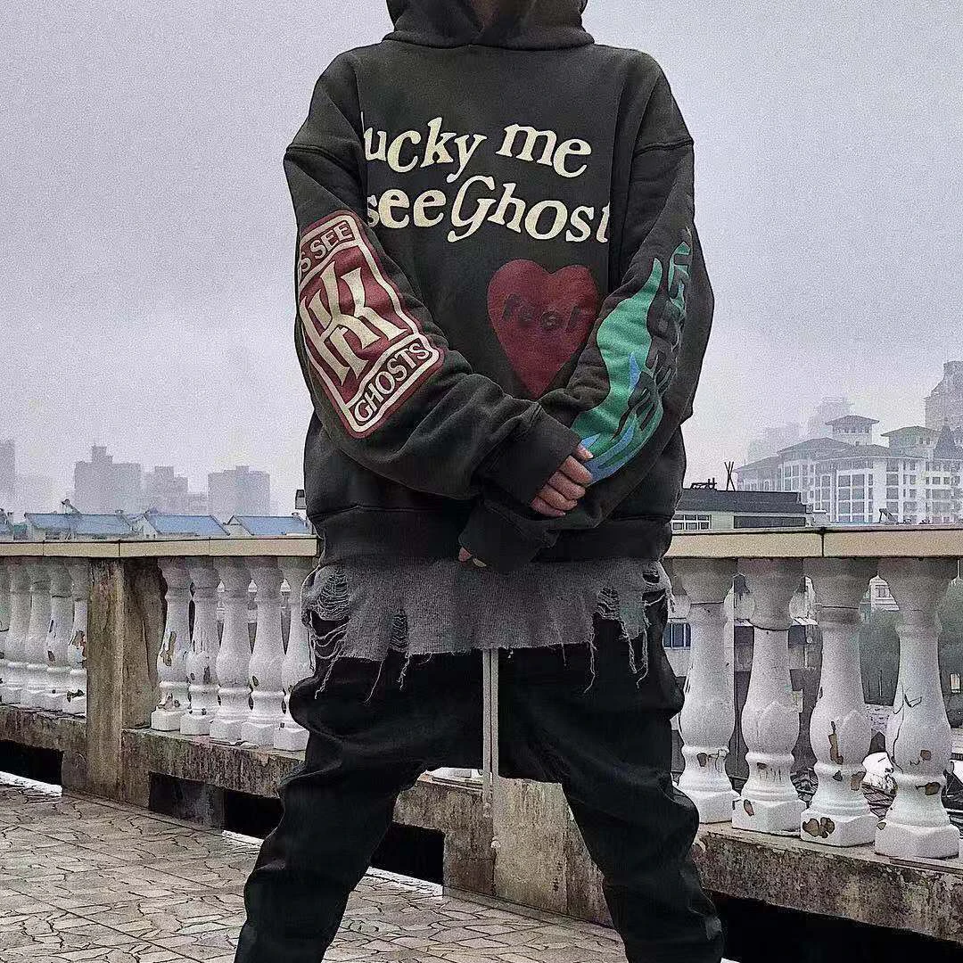 

Kids See ghosts Kanye West Graffiti Letter Print Plus Velvet Sweatshirt Men Fleece Hoodie Hip Hop Stranger Things Hooded Hoodies