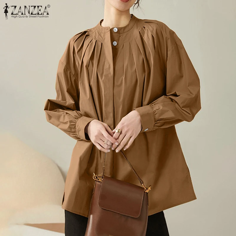 

OL Tunic Tops ZANZEA Casual Long Sleeve Blouse Women Loose Pleated Button Shirt Autumn Office Solid Chemise Female Work Blusas