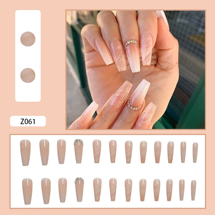

24pcs Nude Gradient Nail Patch Rhinestone Inlaid Glue Type Removable Long Paragraph Fashion Manicure False Nails Patch STTX889