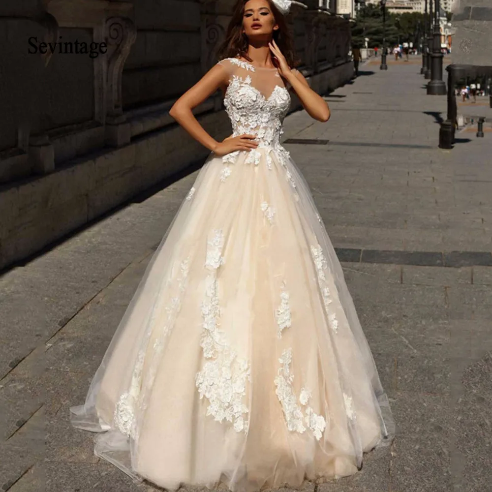 

Sevintage 2020 Light Champagne A Line Boho Wedding Dresses Lace Appliqued Plus Size Bridal Gown Custom Made Vestidos De Novia