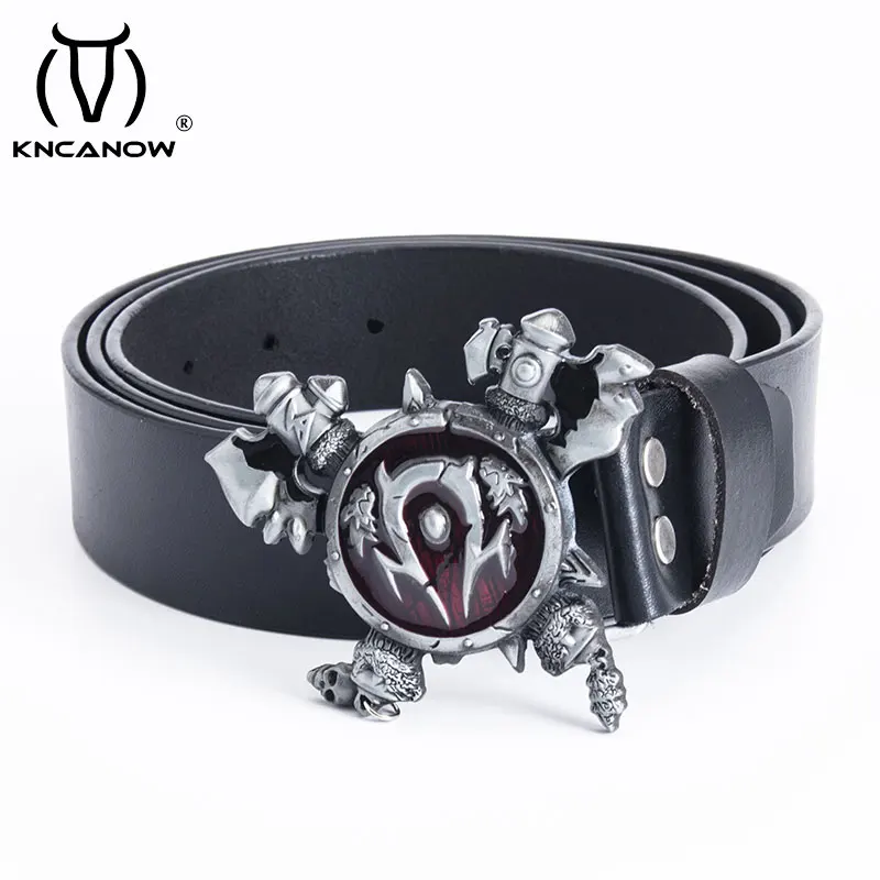 Men Genuine Leather Belt World Of Warcraft Axes And Shield Vintage Buckle Strap Waist For Male Christmas New Year Jeans Gift