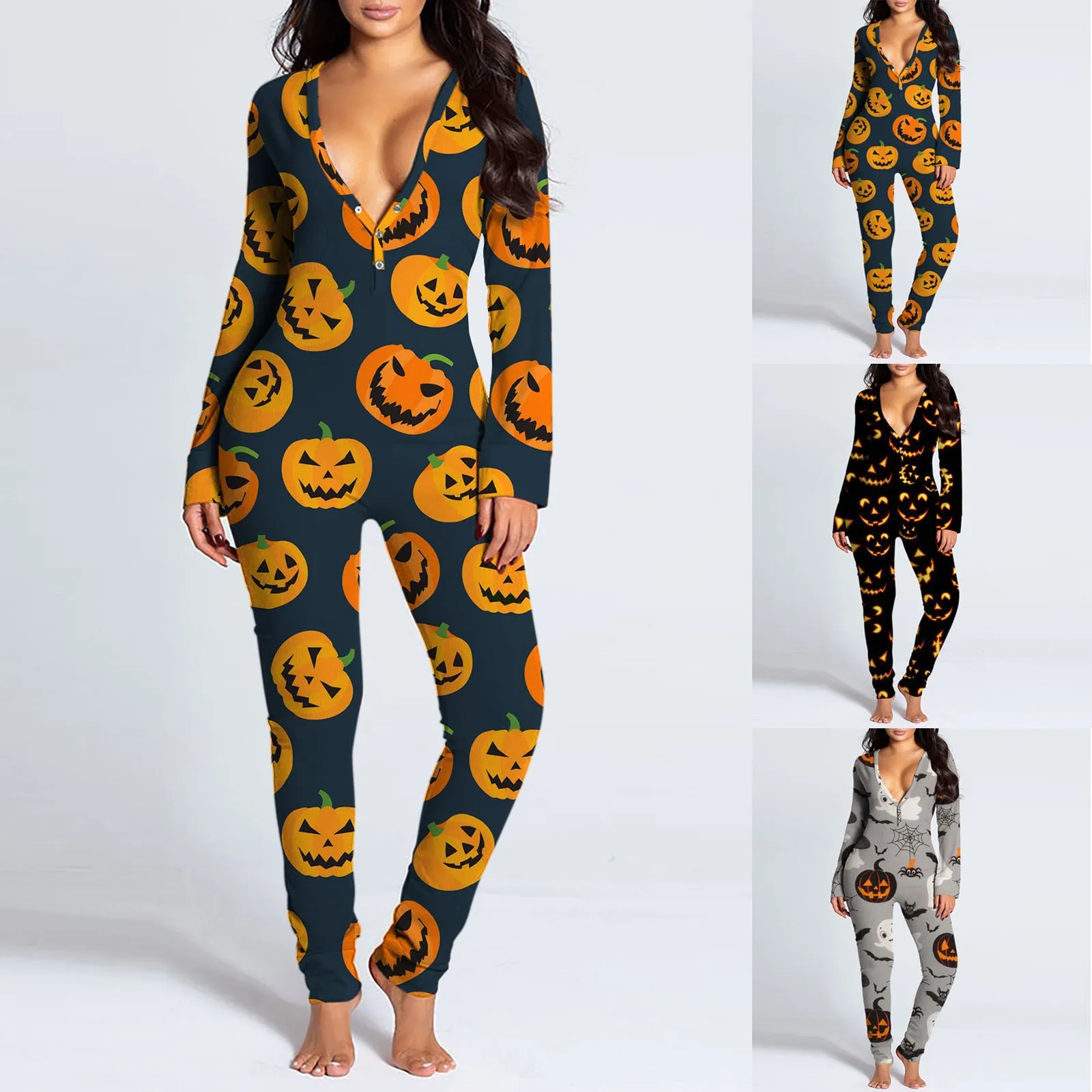 

Пикантная женская пижама, комбинезон с V-образным вырезом и принтом на Хэллоуин, комбинезон с длинным рукавом, на пуговицах, функциональная ...