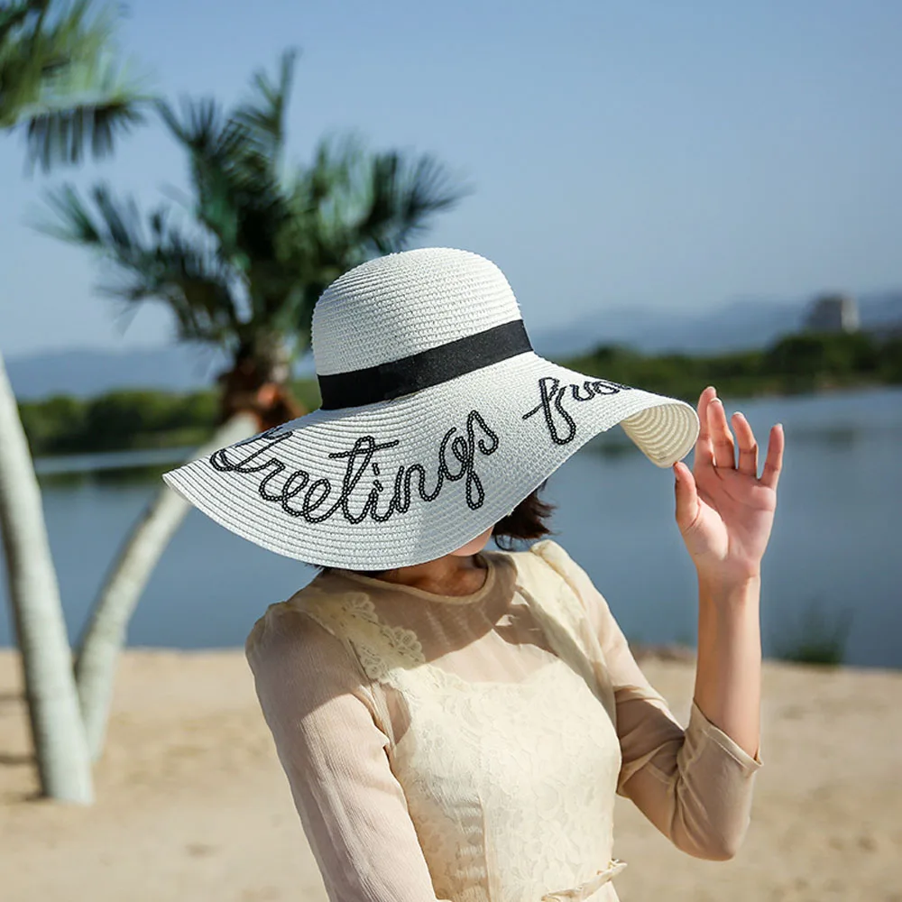 Летняя соломенная шляпа с вышивкой широкими полями регулируемые гибкие складные
