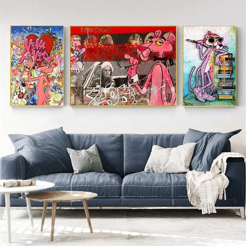 

Modern Street Graffiti Pink Panther Pop Art Poster on Canvas Painting Print Wall Picture for Living Room Home Decoration