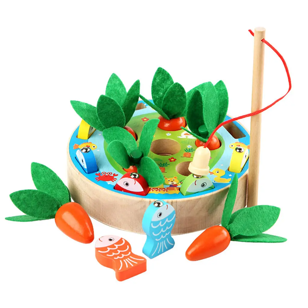 

Wood Magnetic Fishing Game Rod & Fish Baby Harvest Carrot Shape Matching Fishing Board Game Preschool Developmental Toys