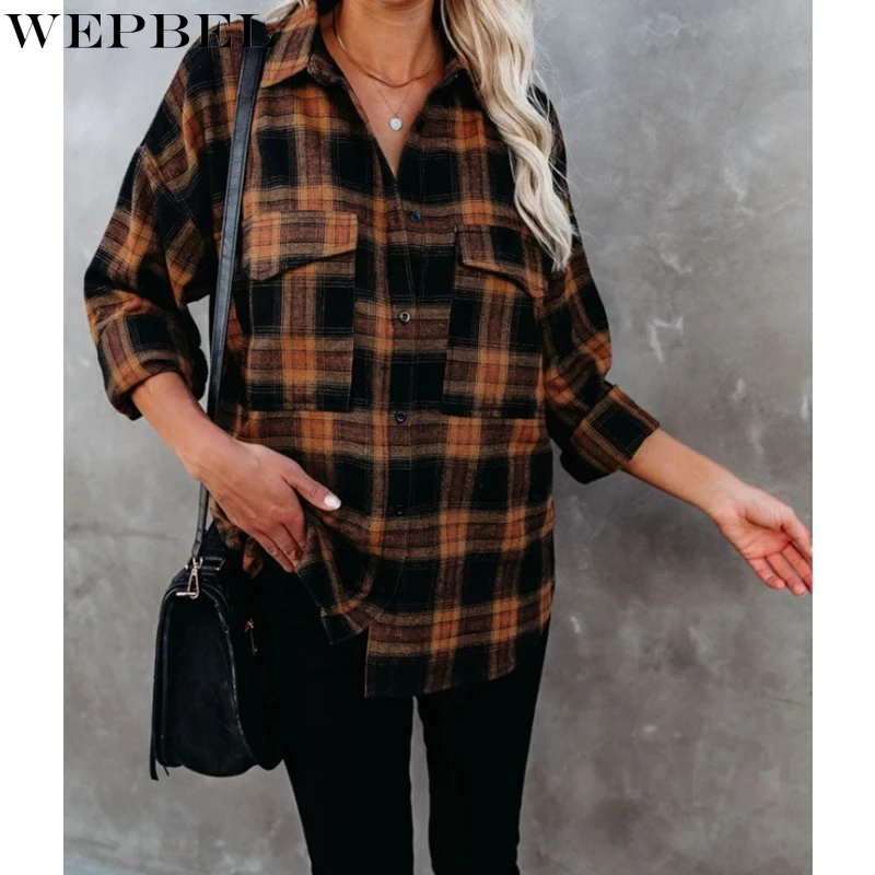 

WEPBEL Shirt Women's Casual Plaid Printed Loose Shirt Spring Long Sleeve Single-Breasted Turn-down Collar Straight Shirt